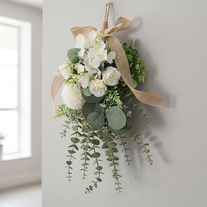 Gcroet Teardrop Wreath - White Artificial Floral Swag Eucalyptus and Chrysanthemum Hanging Decor for Wedding, Holiday, and Farmhouse Wall...