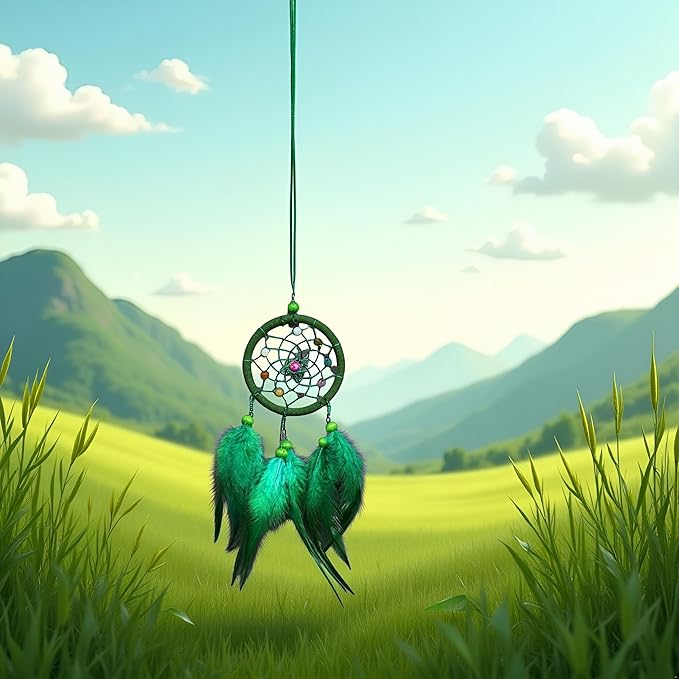 Green Small Dream Catcher with Feathers Wall Hanging Ornament Indian Style Decoration Wind Chimes for Car Home Wall Decor