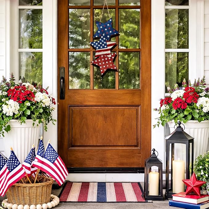Wooden 4th of July Decorations Patriotic Wreaths for Front Door Independence Day Decorations Star Sign Welcome Memorial Day Hanging for Home Wall Decor Outdoor Indoor Red White and Blue Wreath 5