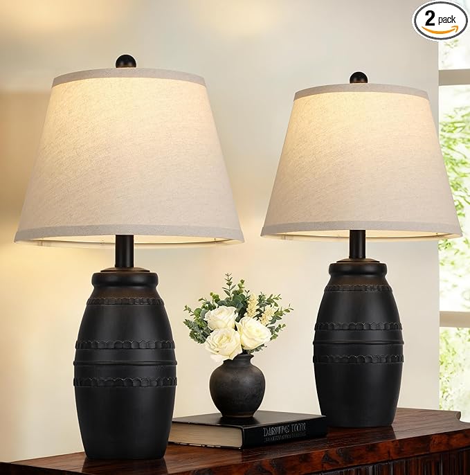 QiMH Farmhouse Table Lamps Set of 2, Bedside Lamps for Living Room, Modern Table Lamp for Bedroom, 21.5" Vintage Rustic Nightstand Lamp with Linen Shade, Black Retro Side Table Lamp for Office Home