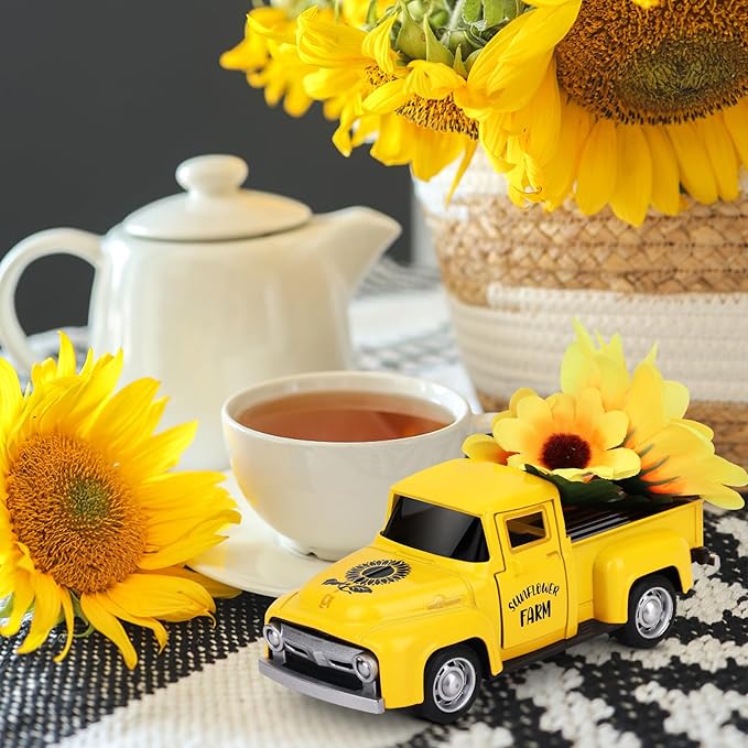 Sunflower Metal Truck with Flowers Farm Truck Decor Vintage Farm Farmhouse Table Tiered Tray Decor Home Kitchen Mantel Shelf Bookshelf Mini Truck Decorations
