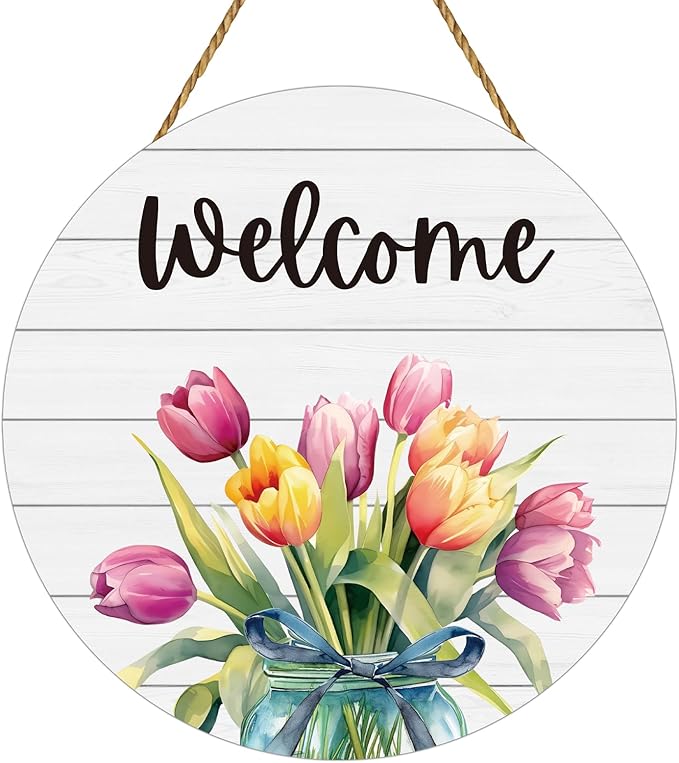 Spring Decorations for Home Spring Door Decor Mason Jar Tulip Wall Decor Wooden Tulip Wreaths for Front Door Hanger Welcome Sign for Porch Wall Indoor Home Decor (Tulip)