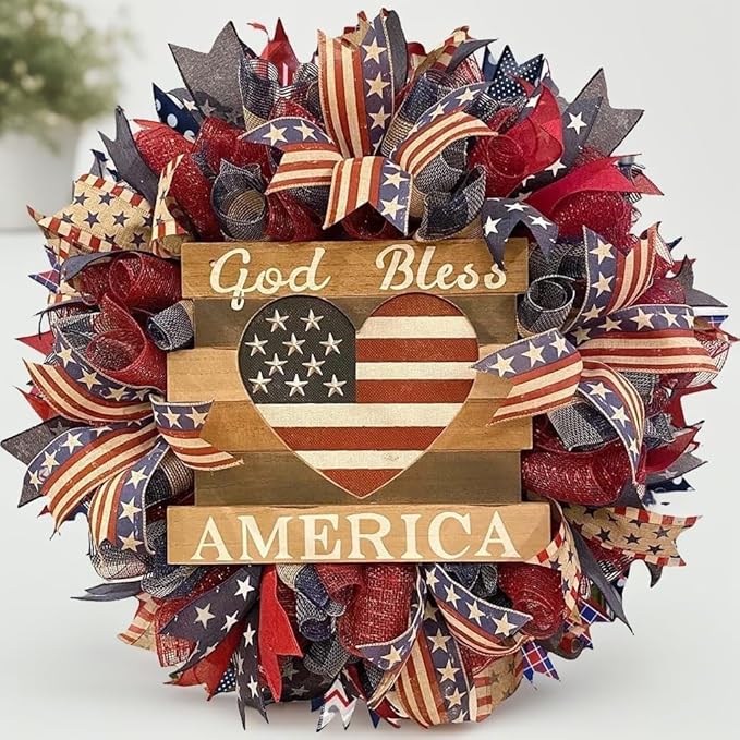 Patriotic Wreaths for Front Door, New 250th Anniversary Decorations, 4th of July Decorations Outdoor, Handcrafted Memorial Day Wreaths, Festival Celebration USA Flag Printed Wreath (A)