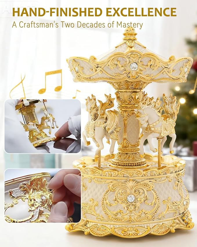 Carousel Horse Music Box, Vintage Gold Ivory Rotating Carousel Decor with Wind Up Musical Movement, Luxury Christmas Tabletop Decoration Gift for Women Mom Couples Kids