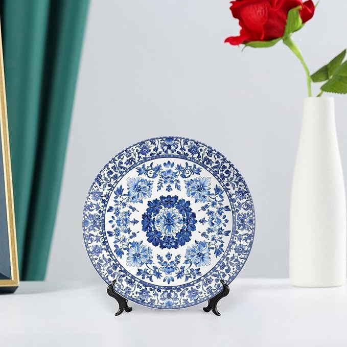 Blue Ceramic Decorative Plate, Blue And White Pottery Decorative Dish with Stand, Chinese Blue And White Porcelain Bone China Decorative Plates Art Porcelain Plate for Living Room Hallway Table Decor