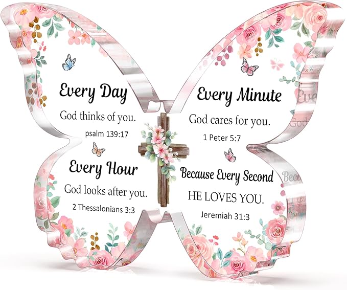 Christian Gifts for Women Faith, Butterfly Acrylic Plaque Sign, Christian Gift for Women on Mothers Day Birthday, Spiritual Present for Female Friend Family, 5x3.8x0.5 Inch - Pink