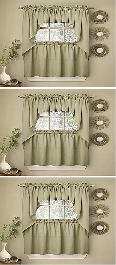 Sweet Home Collection Opaque Rib Cord Kitchen Curtains Swag Pair, Ribcord Sage (Pack of 3)