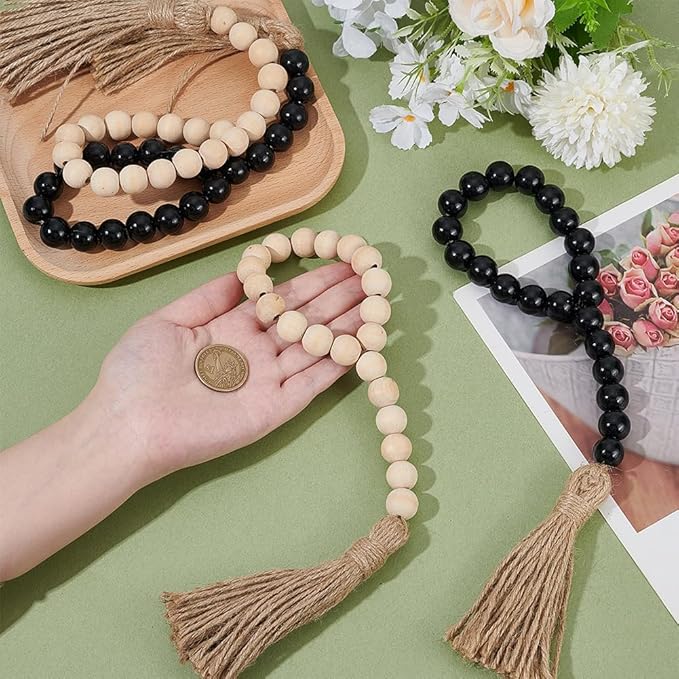 PH PandaHall 4pcs Wood Bead Garlands 12.6 Inch Decorative Wooden Hanging Bead Garland with Tassels for Vase Door Knob Hanging Ornaments Farmhouse Dector, Black/Natural Wood