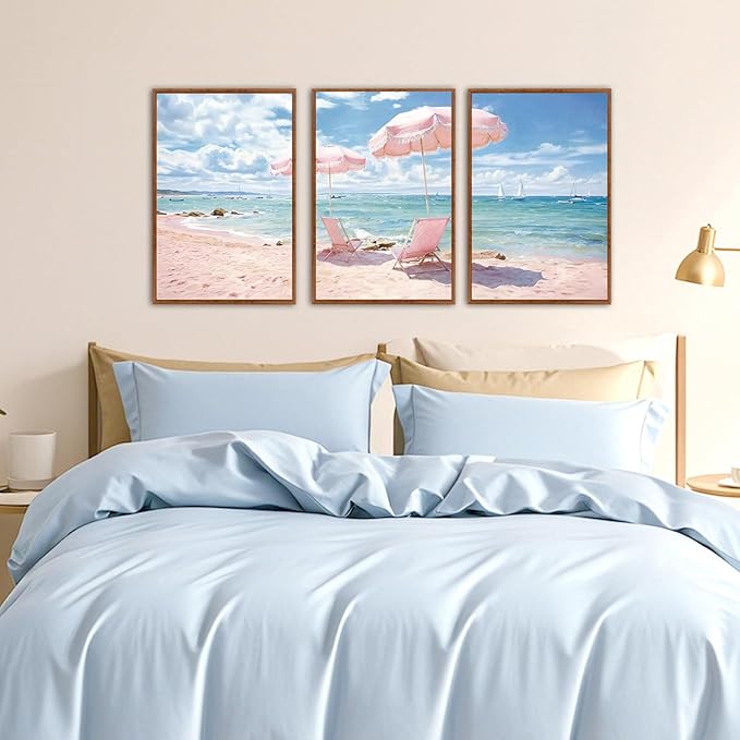 KAlRNE Summer Pink Beach Framed Canvas Wall Art Set of 3(16”X24”),Seascape Coastal Surfing Wall Decor,Modern Nature Ocean Art Prints For Living Room Bedroom Office