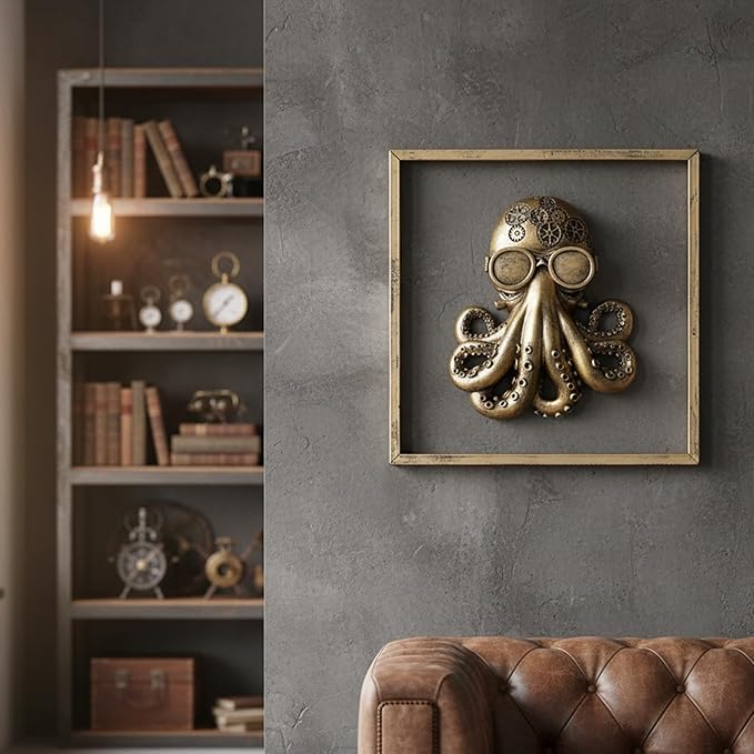 JJALIGHTS Exquisite Resin Animal Head Wall Sculpture (Gift Metal Frame) - octo Imitation Copper Vintage Decor for Living Room, Bedroom & Office | Decorative Wall Hanging Art (Octopus)
