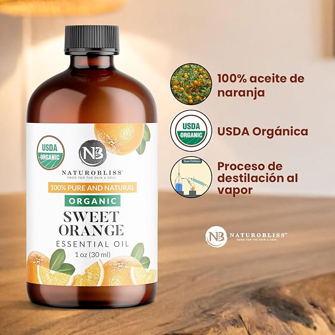 NaturoBliss Organic Sweet Orange Essential Oil, 100% Pure Therapeutic Grade, Premium Quality, 1 fl. Oz / 30 ml - Perfect for Aromatherapy and Relaxation