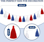 WILLBOND 4 Pieces Tassel Garland Red White and Blue Garland for Patriotic Decorations 4th of July Decoration Classroom Wall Decor Boho Pastel Cotton Tassel Banner for Party(3.1 Inch, Red, White, Blue)