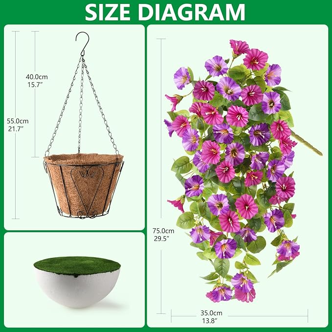 Homsunny Artificial Hanging Fake Flowers with Basket Plants for Outdoor Spring and Summer Decoration, Faux Silk Flower UV Resistant Morning Glory for Home Porch Patio Garden Balcony Yard Look Real