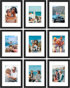 Vittanly 9x12 Picture Frames Set of 9, Shatter Resistant Plexiglass, Display 6x8 Pictures with Mat or 9x12 without Mat, Photo Frames for Wall or Tabletop, Engineered Wood, Black