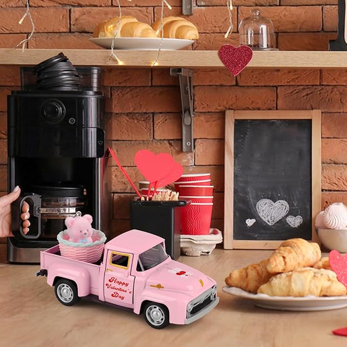 Hxezoc Pink Truck Decor Vintage Metal Truck with Pink Flower Basket Ornament Valentine's Day Farmhouse Tabletop Mantle Decoration for Home Kitchen Office Valentine's Day Theme Party Supplies