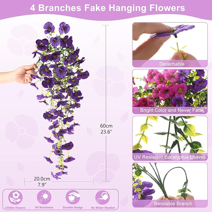 Fake Artificial Flowers for Outdoors, 4 Pcs Faux Hanging Pansy Flowers Spring Summer Decor, UV Resistant No Fade Fake Plants Silk Flower for Planter Front Door Porch Patio Yard Garden(Purple Rose Red)
