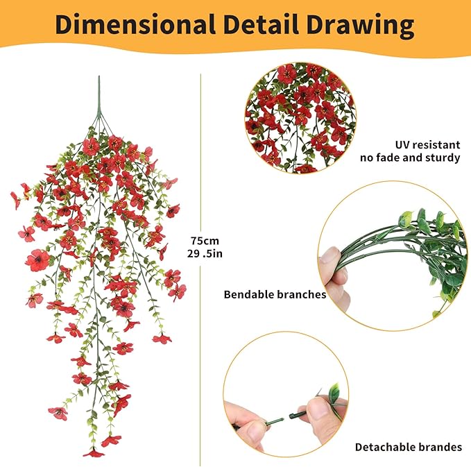 Artificial Hanging Flowers for Outdoors, 6 Pcs Fake Plant for Spring Summer Decoration, UV Resistant Realistic Silk Faux Flowers Outside Indoor Planter Porch Patio Balcony Yard Decor