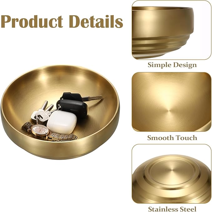 8.3" Golden Key Bowl for Entryway Decorative Key Holder Round Fruit Dish Stainless Steel Catch All Bowl for Coffee Table Kitchen Counter Home Decor