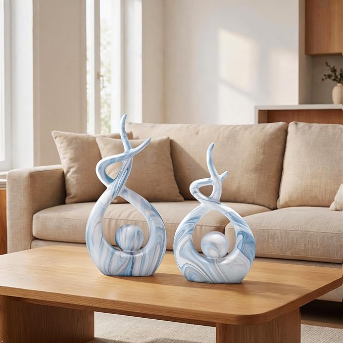 Blue Home Decor Sculptures, Dining Room Table Centerpiece Shelf Decor, Ceramic Statues Coffee Table Decor, Modern Abstract Art Desktop Entrance Decorations (2pcs)
