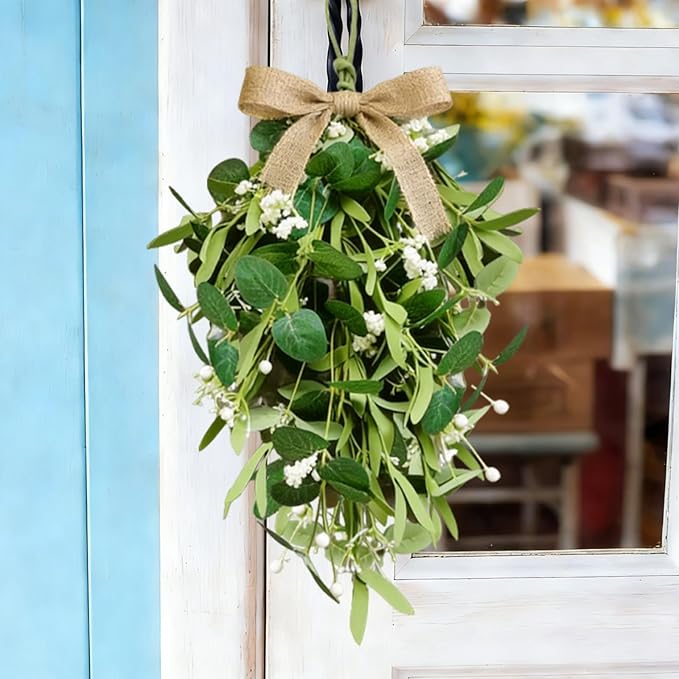 2 PCS 24'' Eucalyptus Teardrop Swag Wreaths Spring Summer Greenery Teardrop Swags for Front Door Artificial Farmhouse Green Hanging Swags with Berry Ribbon for Wedding Porch Wall Window Cabinet Decor