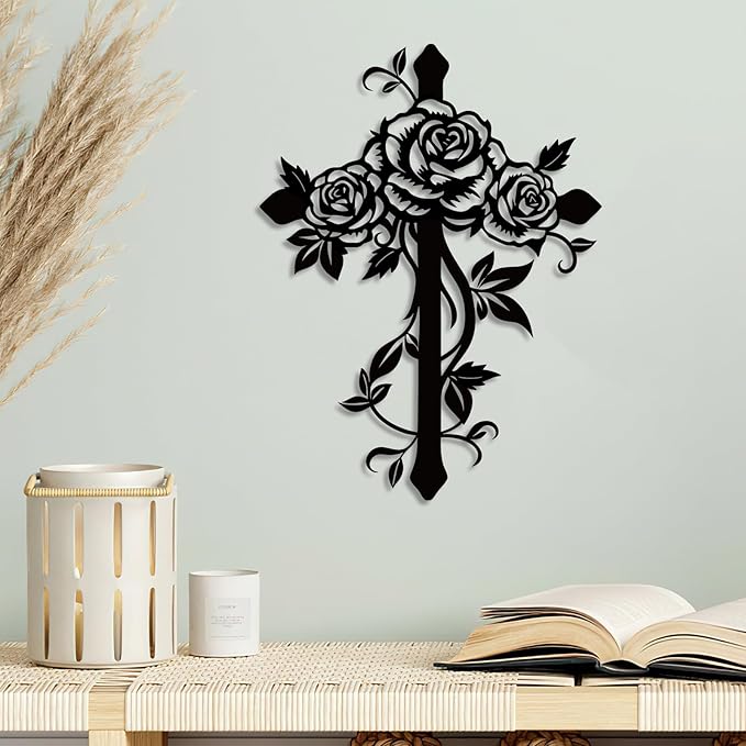 Kercan Metal Rose Cross Wall Decor - Modern Room Decor Black Cross Wall Art Home Decor for Living Room, Bedroom, Dining Room, Porch