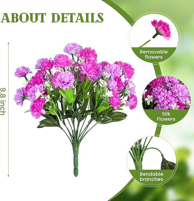 Artificial Flowers for Outdoors Decoration, 6 Bundles Silk Marigold Flower UV Resistant Look Real Faux Plants for Garden Porch Planter Patio Balcony Yard Home Decor (Double Purple)