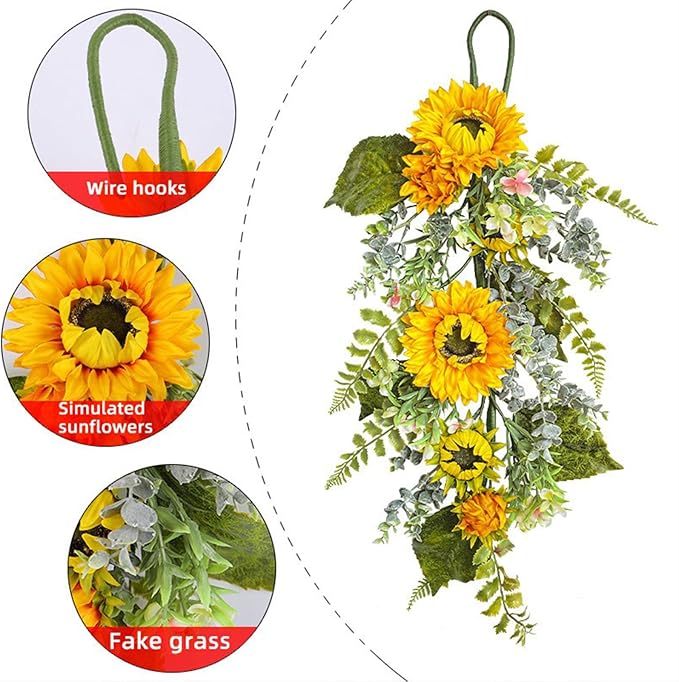 Spring Teardrop Swag for Front Door,Artificial Teardrop Swag,Spring Summer Front Door Teardrop Swag,Artificial Sunflower Swag,Artificial Floral Swag Wreath for Front Door Window(Yellow)