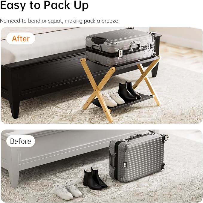 HITNET Luggage Rack, Folding Suitcase Stand for Guest Room, Bamboo Luggage Holder with Storage Shelf for Hotel Bedroom, Natural