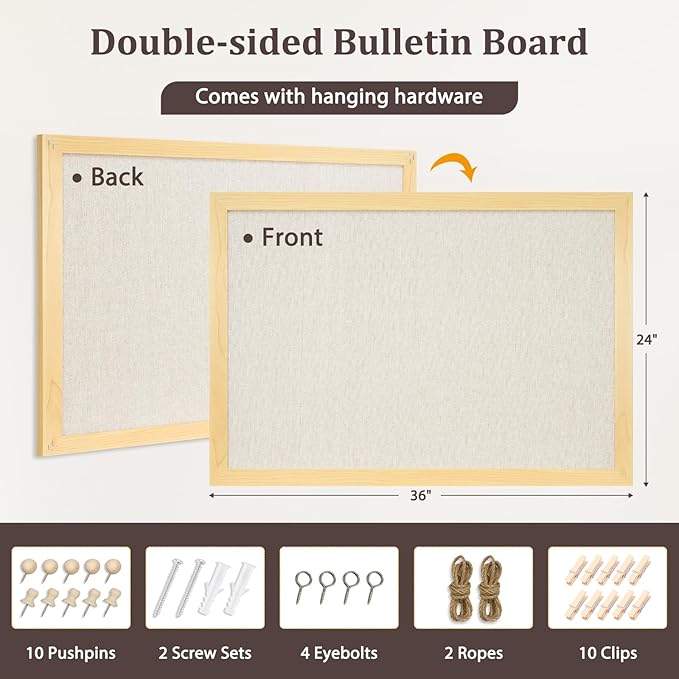 DOLLAR BOSS Bulletin Board with Linen 36'' x 24'' Wood Framed Cork Boards for Walls, Photo Display Pin Board, Decorative Corkboard for Office Home School Dorm Decor with 10 Pushpins, Natural Wood