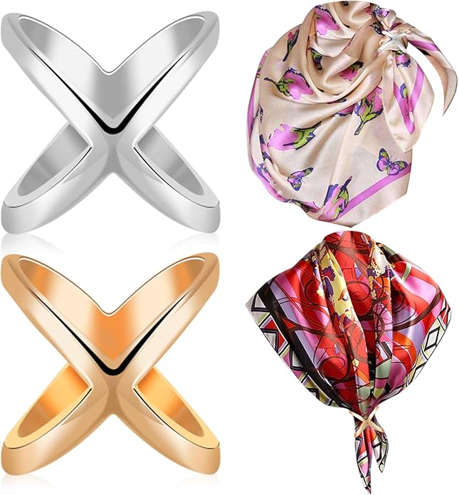 SYWDUDUCLT Scarf Ring for Women's Shawl, Silk Neckerchief, Tshirt, Gold/Sivler, S/M/L, 2 Pcs
