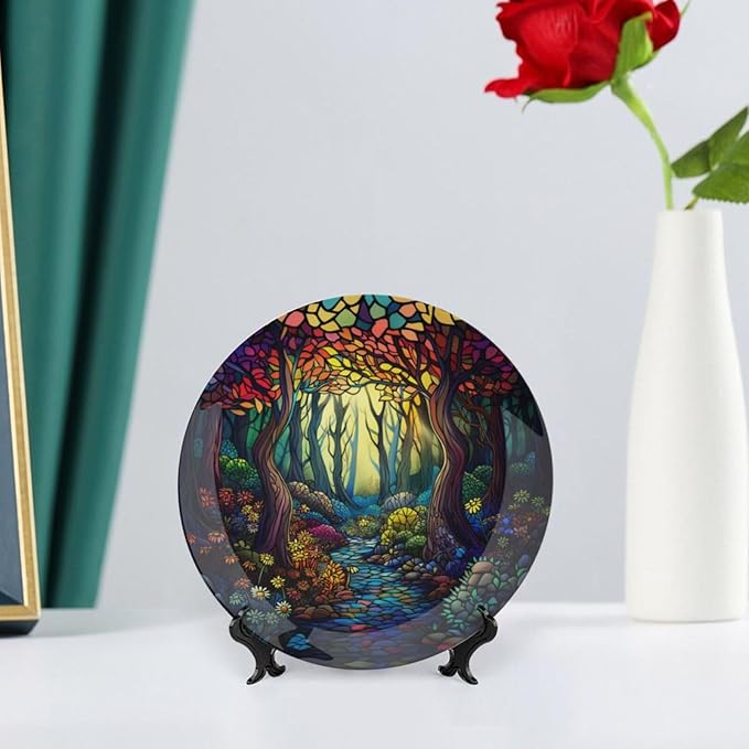 Stained Glass Theme Decorative Ceramic Plate Round Porcelain Plate,6 inch,Sunrise Forest Stream Pattern,for Decorative Ornaments Giving Plates, 1 Plate with 1 Display Stand,Multicolor