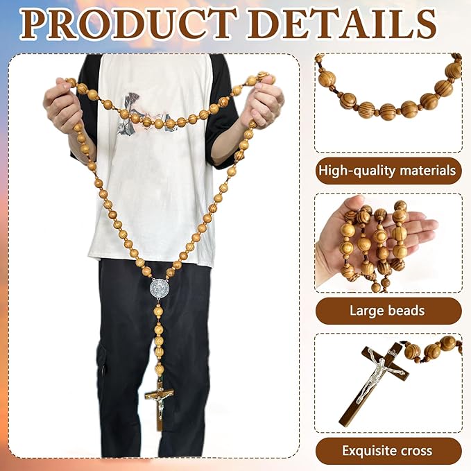 Bovemee Handmade Wooden Wall Cross with San Benito Medal, 42 Inch Large Crucifix, Big Brown Wood Rosary Beads Catholic Wall Decor Catholic Gifts