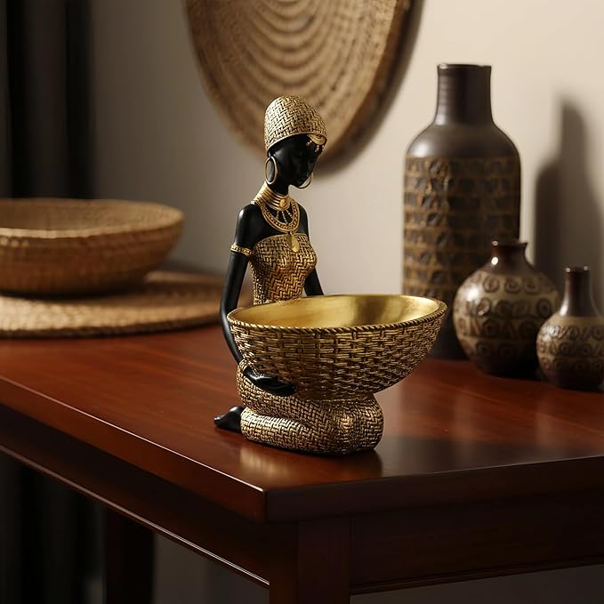 Lescafita Handmade African Seated Woman Sculpture - Gold Tribal Figure Holding Basket, Resin Home Decor for Shelf/Table, Unique Cultural Gift (9" H)