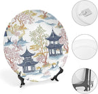 Chinoiserie Pagoda White Coral Blue Asian Fashion Plates of 6", 7", 9", 10", Customize Hand-Painted Ceramic Decorative Plates, Table Housewarming Gifts Decorations Display, Unique Art with Stand