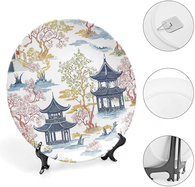 Chinoiserie Pagoda White Coral Blue Asian Fashion Plates of 6", 7", 9", 10", Customize Hand-Painted Ceramic Decorative Plates, Table Housewarming Gifts Decorations Display, Unique Art with Stand