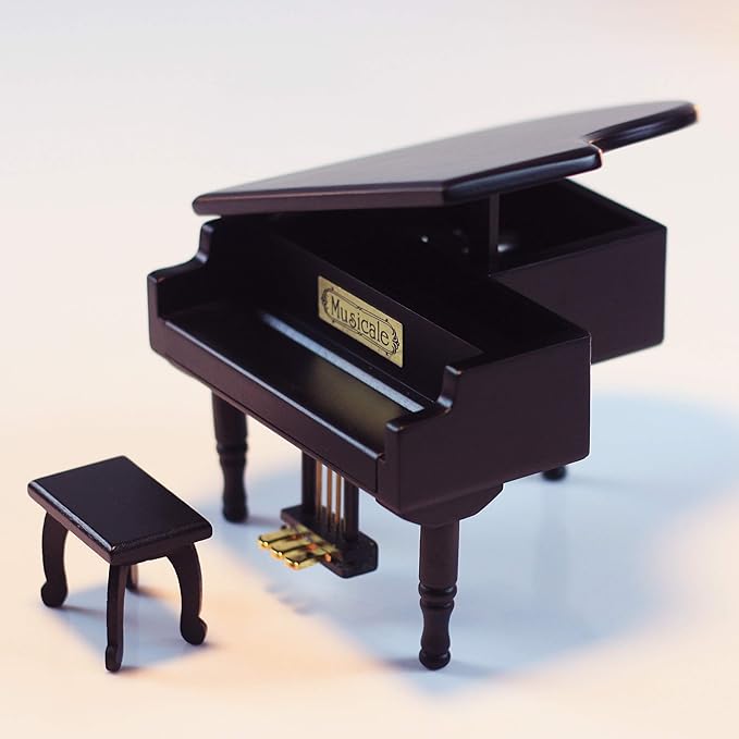 ANGEL MELODY Wooden Grand Piano Music Box Mechanism with Bench and Metal Pedal, Ring Storage Box Wind up You are My Sunshine Musical Boxes Birthday Gifts for Her, Kids, Daughter, Boys, Girls, (Black)