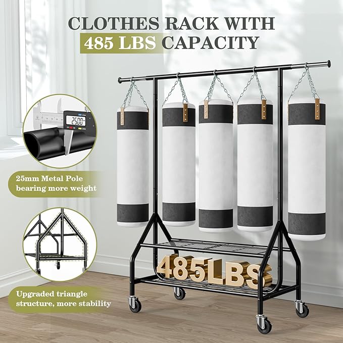 Clothes Rack with 2 Shelves, Heavy Duty Garment Rack Load 450 LBS, Standing Rolling Metal Hanging Clothes with Sturdy Wheels & Shelves