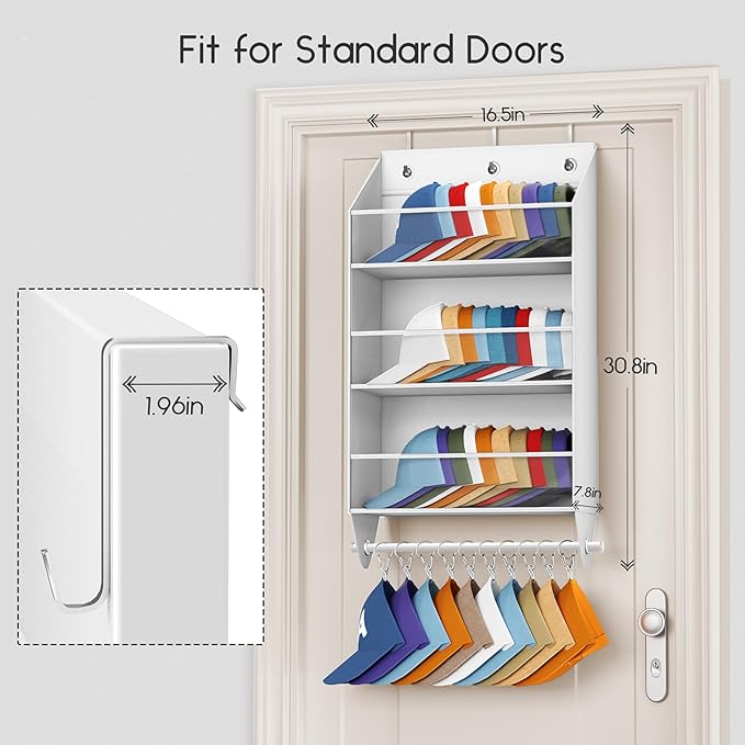 Over the Door Hat Rack - 3-Layer Design Hat Organizer Holds 30-36 Hats with 10 Hooks, Ideal Hat Rack for Door, Over the Door Organizer for Closet, Apartment, Bedroom, Dorm, 1 Pack, White