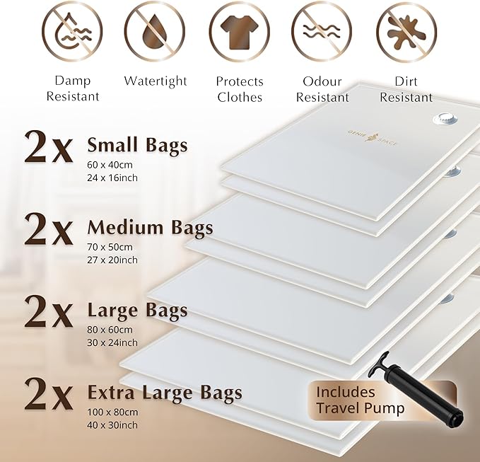 GENIE SPACE Vacuum Storage Bags for Clothes and Bedding – Variety 8-Pack (2 XL, 2 L, 2 M, 2 S), Airtight, Reusable and Odor-Proof Space Saver Bags with Double Zipper Seal and Hand Pump