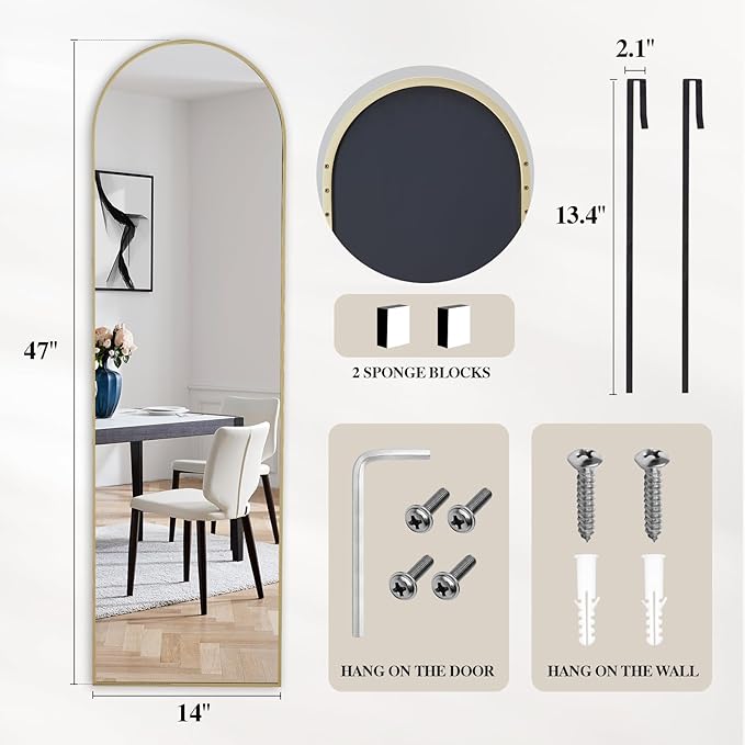 DUMOS 47"x14" Full Length Door Mirror, Arched Full Body Mirror with Aluminum Alloy Thin Frame, Leaning or Hanging, Suitable for Bedroom, Livingroom, Cloakroom, Gold