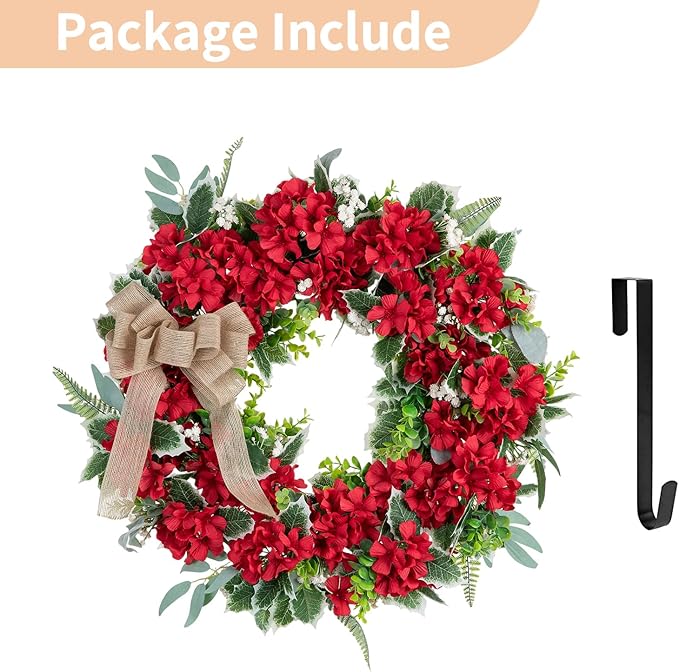 NUPTIO Geranium Wreath for Front Door: 24 Inch Summer Red Patriotic 4th of July Wreaths with Greenery Bow Hanger - Outdoor Realistic Artificial Silk Flower Spring Decor for Wall Window Porch Farmhouse