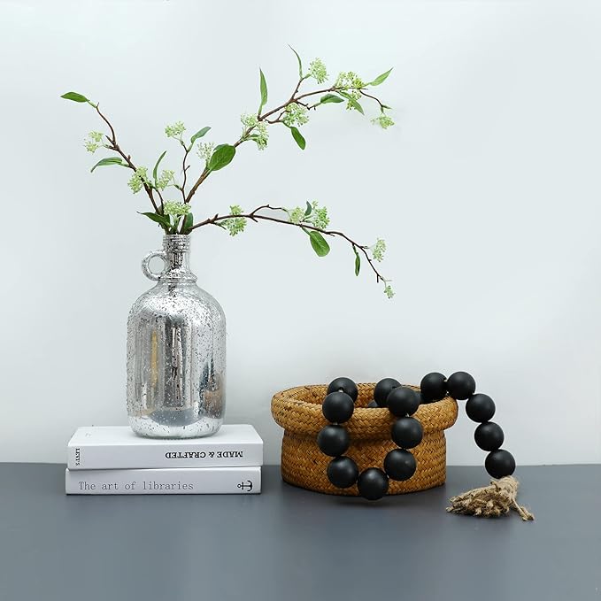 Large Black Wooden Beads Garland Farmhouse Decor 50inch long with 1.6" Diameter beads, Wood Beads Decor Tassel Garland Decorative Boho Country Decoration for Coffee Table Home Tiered Tray Wall Hanging