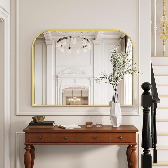 Gold Wall Mounted Bathroom Mirror - 38 x 30 Inch Round Cruved Top Right Angle Bottom Wide Wall Mirror, Aluminum Metal Framed, Decor for Living Room, Bedroom, Fireplace, Mantle, Entryway