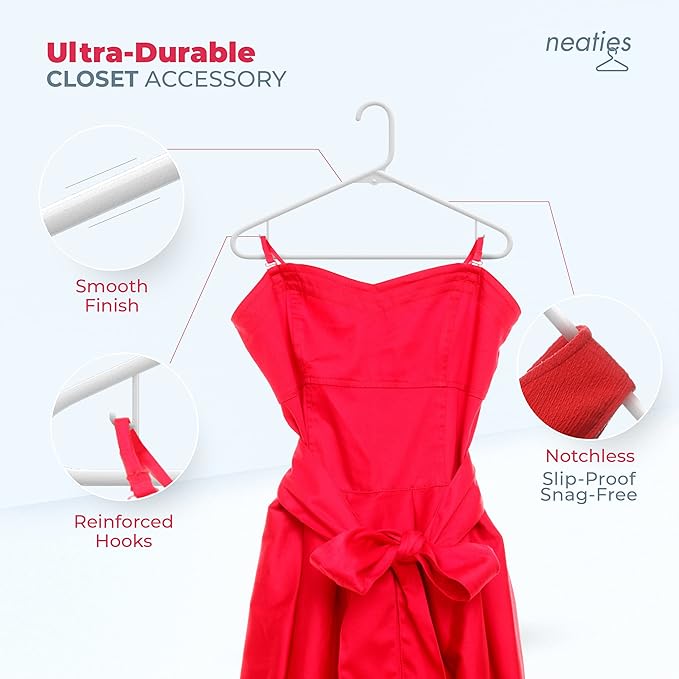 Neaties Plastic Hangers 30 Pack – Made in The USA – 6lb Capacity Standard Clothes Hangers with Strap Hooks for Dresses, Lingerie, Shirts, Pants, and Jackets – Black