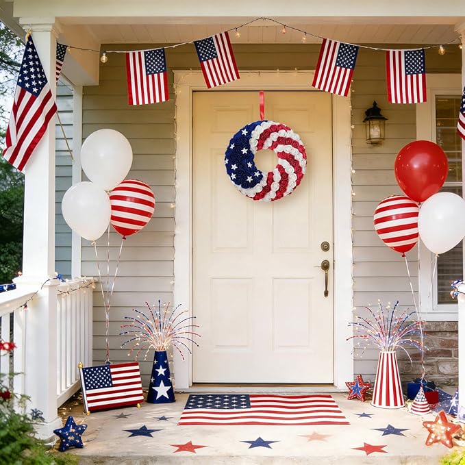 Idyllic 20 Inch Patriotic Wreath, PE Roses with Metal Stars, Suitable for Front Door, Wall, Home Decoration & Memorial Day, 4th of July Decorations