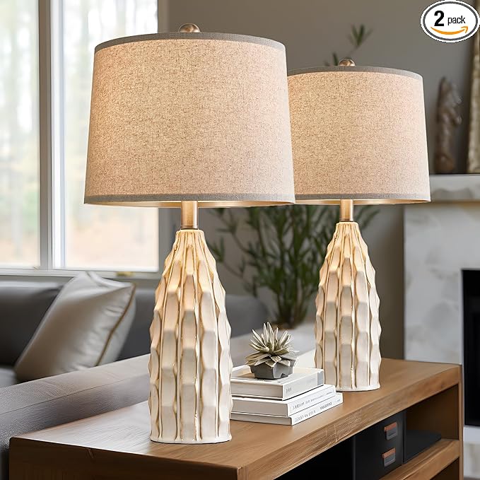 USumkky Ceramic Table Lamps Set of 2, 23.75" Modern Farmhouse Bedside Lamp - Cream Nightstand Lamps for Bedroom, Boho Living Room End Tables, Small Office Desk Lamp Decor