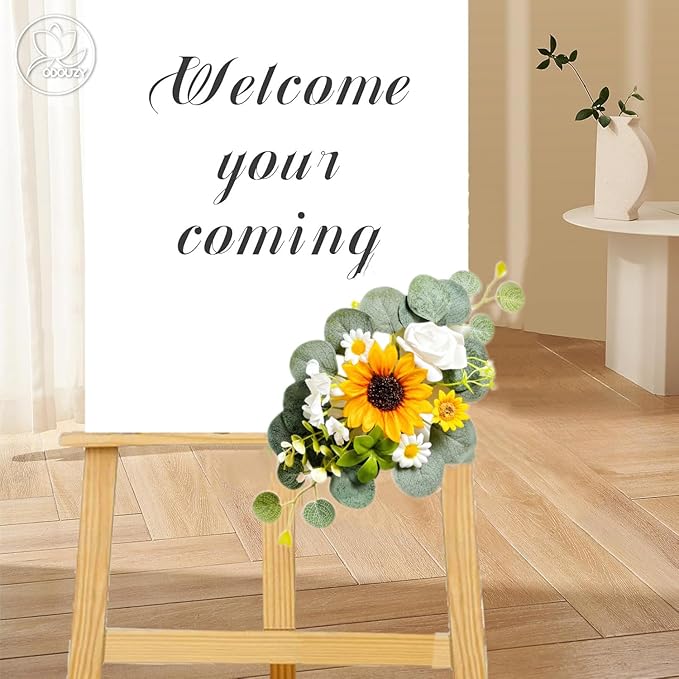Odouzy Artificial Wedding Arch Flowers for Wedding Sign,Set of 2 for Welcome Ceremony Sign,Faux Floral Swags,Banquet and Reception Backdrop Floral Decoration (Green&Sunflower)