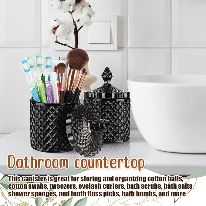Aoriher 4 Pcs Crystal Glass Candy Jar Set with Lids Home Decorative Storage Jars for Apothecary, Bathroom, Kitchen, and Pantry, Ideal for Cotton Swabs and Jewelry(Large,Black)