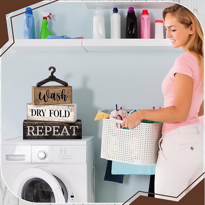 Moucuny 4 Pcs Farmhouse Laundry Room Decor Stacked Blocks, Wash Dry Fold Repeat Wooden Sign Set with Vintage Hanger - Rustic Home Shelf Decor for Laundry Area Housewarming Gift