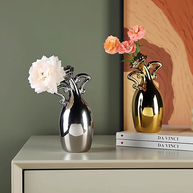 Golden Ceramic Small Necked Vase, A Novel and Cute Unique Shaped Vases, 7-Inch Modern Home Decoration Vase, Can Be Used As A Golden Home Decoration for Dining Tables, Bookcases and Desks